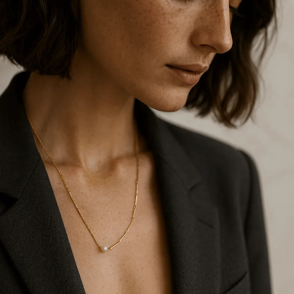 Idées cadeaux pour femme : collier Twist & Perle porté, perle de culture et or recyclé, bijou élégant et délicat